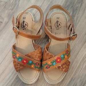 Girls Tan Leather Sandals with Floral Embroidery 3y